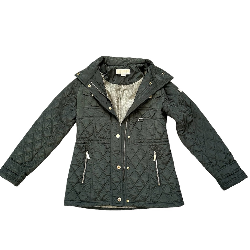 Army Green Michael Kors Quilted Puffer Jacket with Gold Accents